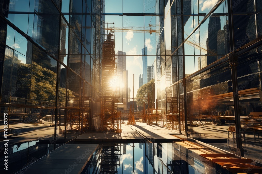 A cluster of skyscrapers reaches for the sky, their glass facades reflecting the sun, Construction site of a glass skyscraper reflecting sunlight, AI generated