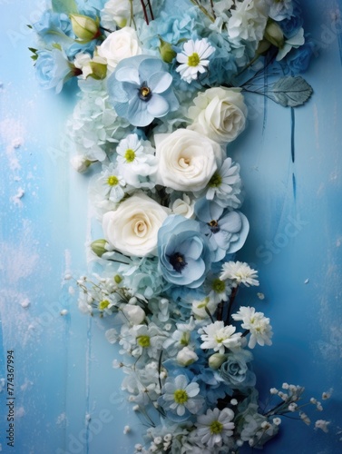 blue background or texture with spring flowers. template, greeting card for Mother's Day, March 8
