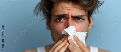 unglücklicher europäischer Mann mit laufender Nase, hält Nasentropfen und Taschentuch in der Hand, leidet an allergischer Rhinitis, hat tränende rote Augen, krank, Konzept Heuschnupfen photo