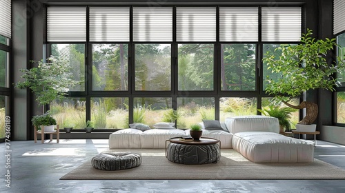 Modern Living Room With Large Window Blinds