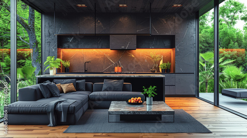 Modern black minimalist kitchen living room interior with sofa, wooden floor, panoramic windows and orange lighting.  © Katerina Bond