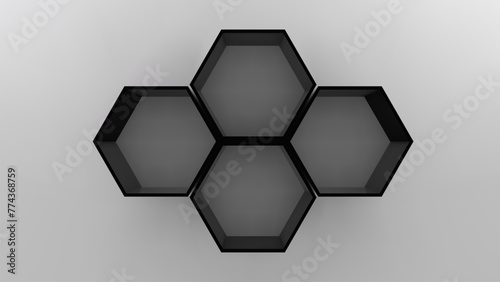 Four black empty hexagon shelves on white wall 3D mockup