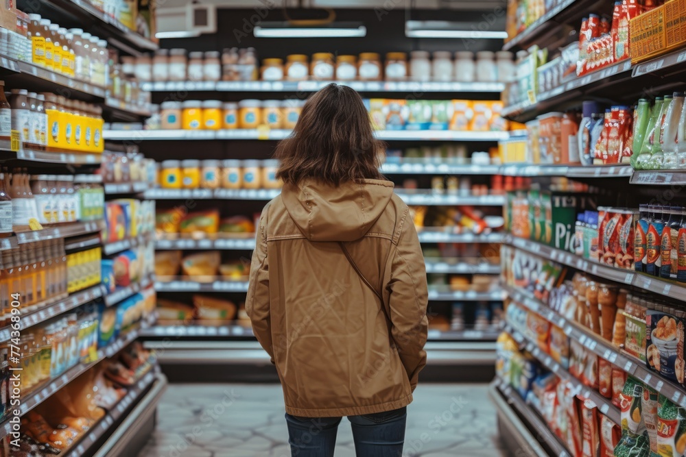 Customer Standing in Well-Stocked Supermarket Aisle