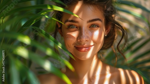 Smiling Woman With Palm Tree Background