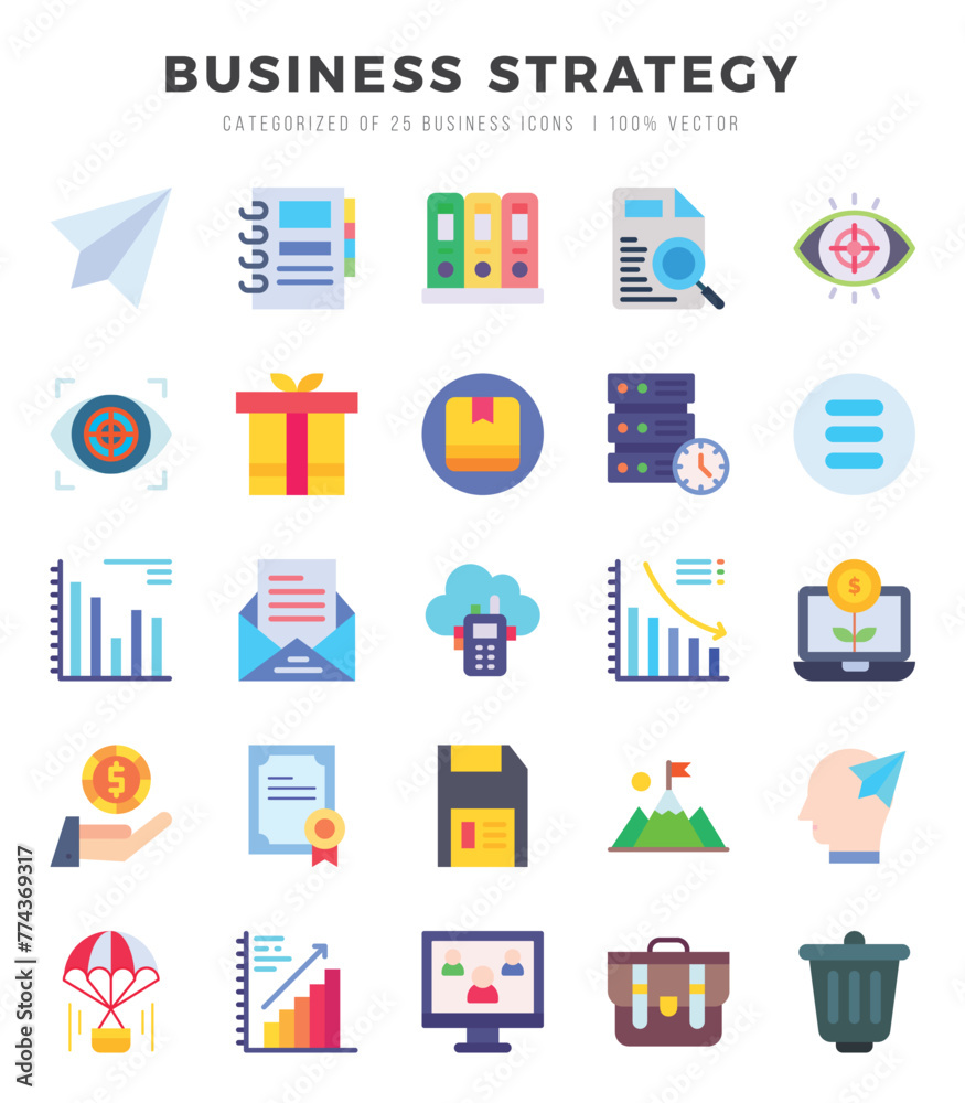 Business Strategy Flat icons collection. 25 icon set. Vector illustration. Business Strategy Flat icons collection. 25 icon set. Vector illustration.
