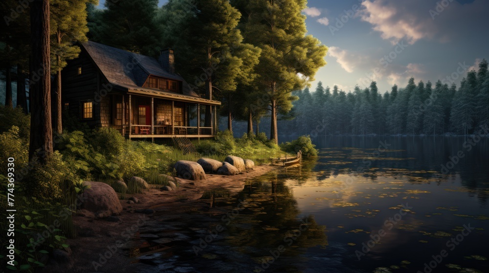 Fototapeta premium A nature retreat: panoramic view of a charming cottage by a pond, surrounded by dense greenery.