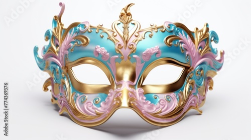 Abstract and decorative carnival mask in blue, pink, and gold, perfect for a holiday celebration. © ProPhotos