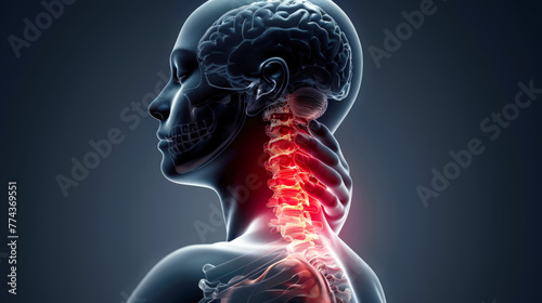 Close-up of a man's back and neck outlined in red. Illustration of neck pain, pinching of the cervical spine.