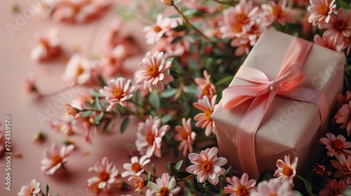 Gift Wrapped in Pink Ribbon Surrounded by Pink Flowers