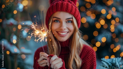 Woman in Red Hat Holding Sparkler