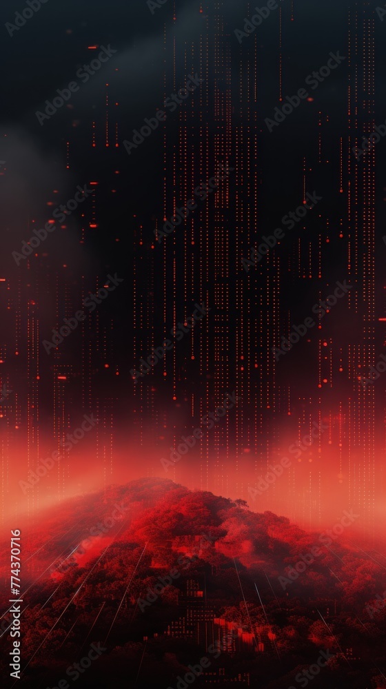 Red animation of glitched looping binary codes over fog-covered background pattern banner with copy space 