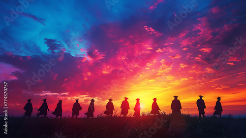 Silhouettes of graduates against a colorful sunset or sunrise backdrop #774370757