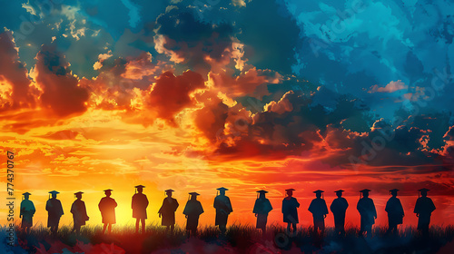 Silhouettes of graduates against a colorful sunset or sunrise backdrop