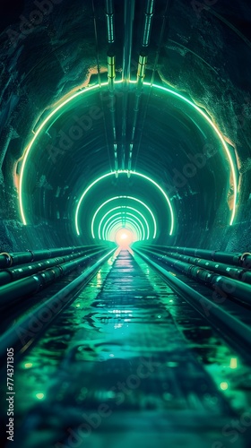 Vibrant Green Neon Line Tunnel: A Dazzling Path for a Mysterious Journey