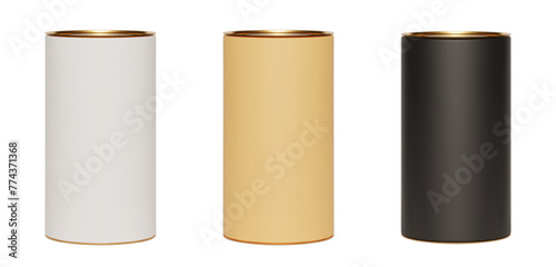 Set of kraft paper tube packages with golden lid mockup on white background