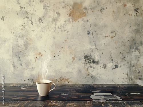 Steaming coffee cup on rustic wooden table against a distressed wall witch copy space.