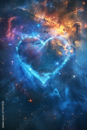 A cosmic heart nebula pulses with stars, showcasing love's vastness in the infinite universe.