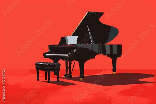 A solitary grand piano against a minimalist backdrop, conjuring emotions of solitude and reflective melodies in red tones.