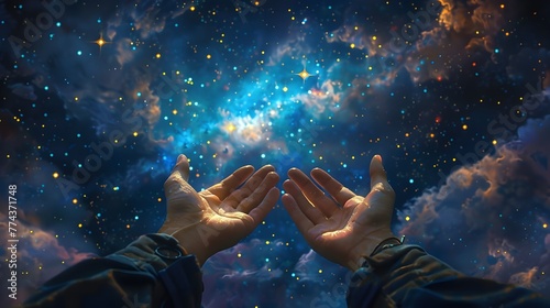 Hands Reaching Towards the Starry Expanse in a Spiritual Petition for Guidance and Wisdom from the Divine
