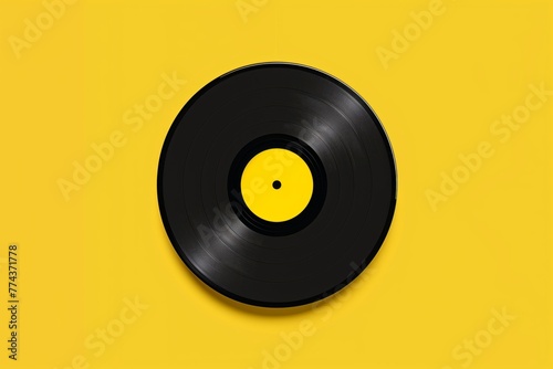 A classic black vinyl record against a vibrant yellow background, symbolizing the timeless rhythm and beats of music.