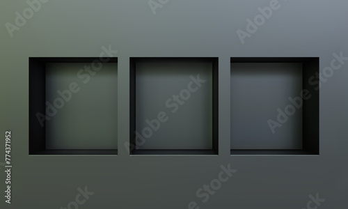 Three empty niches or shelf on black wall 3D mockup