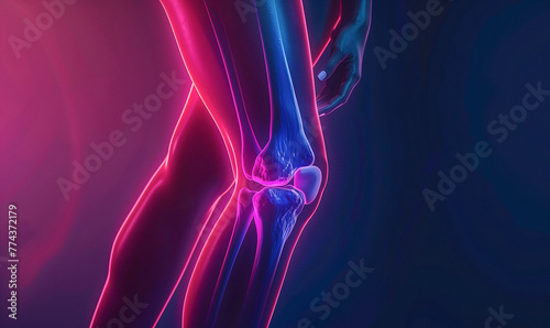 Knee Joint Pain Injury Leg Tendon Issues, Muscle Problem Pain Syndrome, Muscle Or Bone Pain In Sport Gym, 3d Render Illustration Of A Joggers Painful Knee, Neon Glow Banner © Polina Zait