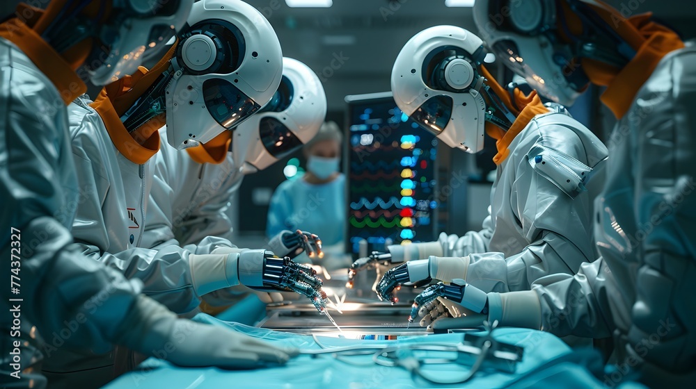 Fototapeta premium Futuristic Robotic Surgical Procedure Symbolizing Tech and Human Expertise