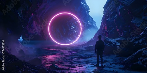 A man stands in a futuristic rock valley at night illuminated by a neon circle . Concept Futuristic, Night, Rock Valley, Neon Circle, Illuminated