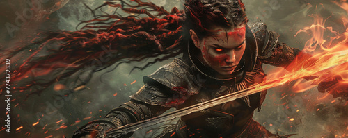 Half body shot of a female Thiefling with a dark fantasy vibe featuring black and red tribal hair devil tail in leather armor and brandishing a flaming sword photo