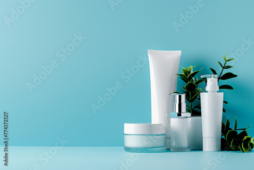 Blank cosmetic product line with green plants on blue background. Copy space for text © yevhen89