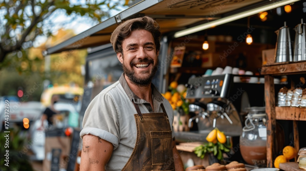 Barista Brewing Coffee Outdoors from a Mobile Truck Generative AI