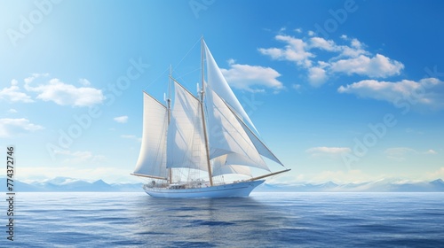 A scenic drawing depicts a beautiful yacht cruising in the ocean, its sails billowing in the wind, creating a perfect boating moment beneath the clear blue sky.