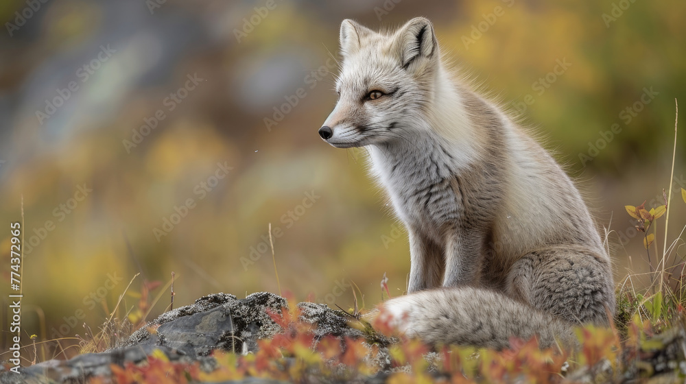 Arctic fox with a pensive gaze on a rocky terrain.