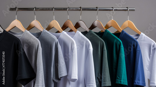 Plain t-shirts of various colors are hung on the clothes rack.