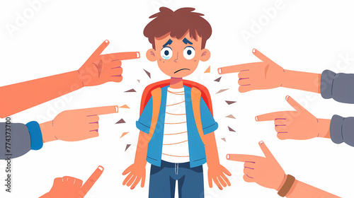 sad schoolboy or male student with backpack, around are hands with pointing fingers , concept of school bullying . Violence victim bully and social theme 