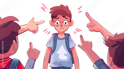 sad schoolboy or male student with backpack, around are hands with pointing fingers , concept of school bullying . Violence victim bully and social theme 
