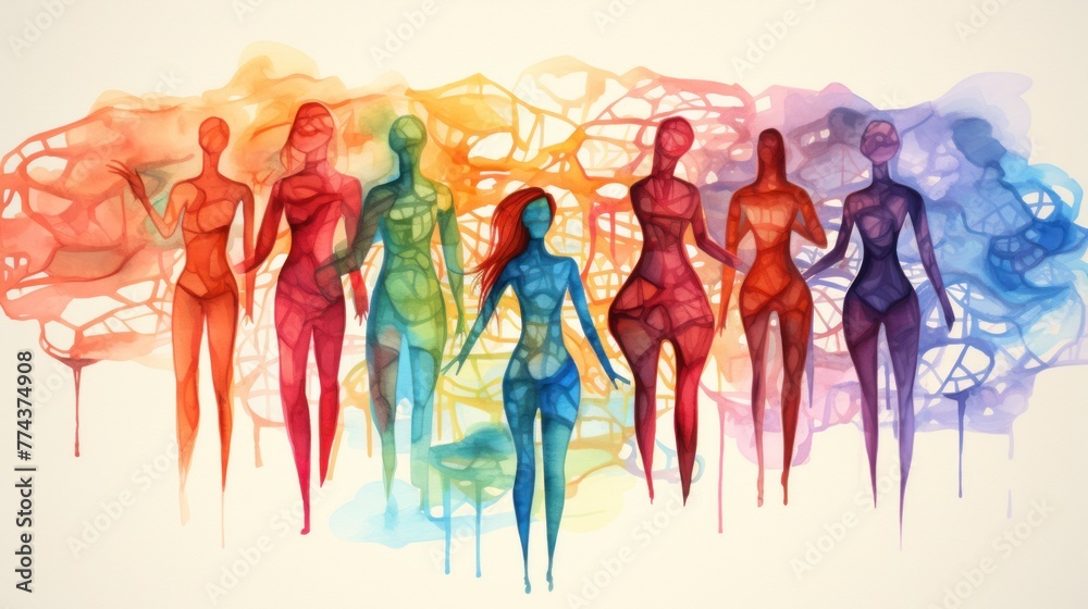 Elegant watercolor composition: Silhouettes of women in a celebration of beauty, fashion, and empowerment for All Women's Day.