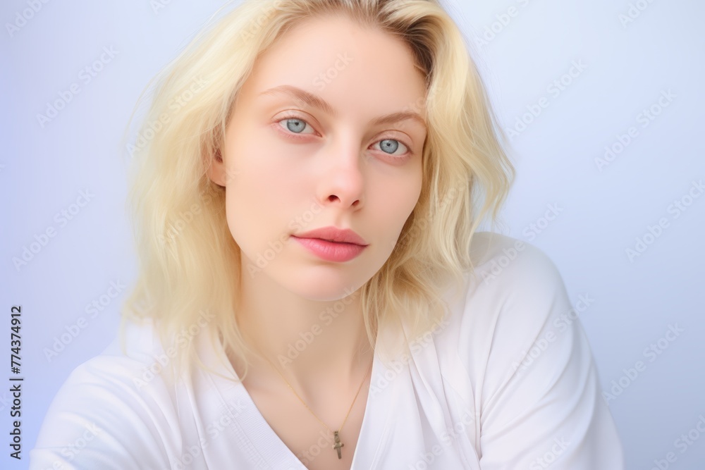 Pretty Blonde Woman with Blue Eyes and White Shirt. Generative AI. Pretty Blonde Woman with Blue Eyes and White Shirt. Generative AI.