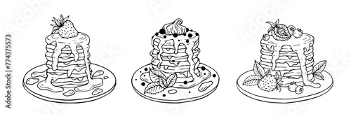 A set of sketches, doodles of plates with pancakes with berries and fruits, honey, maple syrup, mint leaves. Vector graphics.