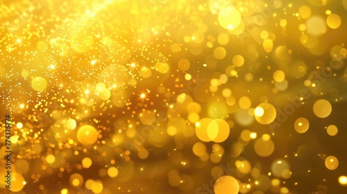 Abstract background with yellow and gold particle. New year, Christmas background with gold stars and sparkling. Christmas Golden light shine particles bokeh on yellow background. Gold foil texture