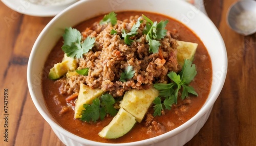 A bowl of hearty chili garnished with ground meat, avocado slices, and fresh cilantro, ideal for a warm, filling meal