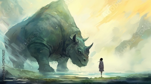 A woman stands in front of a giant rhino in a mountainous area.