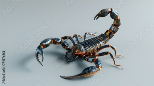 Black scorpion on a grey background. Dangerous insect. Sting with poison.