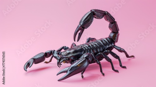 Black scorpion on a pink background. Dangerous insect. Sting with poison.