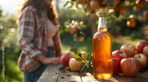 Woman making homemade apple cider vinegar or juice in glass bottle. Healthy organic food, fermented fruit drink. Autumn harvest concept. Home-brewing. Generative ai photo