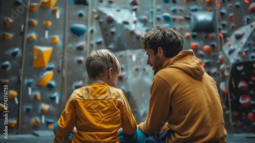 Dad and Son Bonding over Indoor Climbing Adventure Generative AI