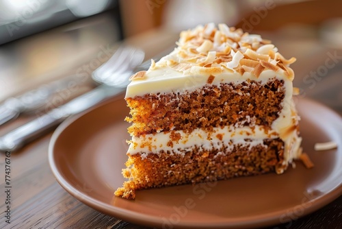Carrot cake slice with icing and coconut on plate