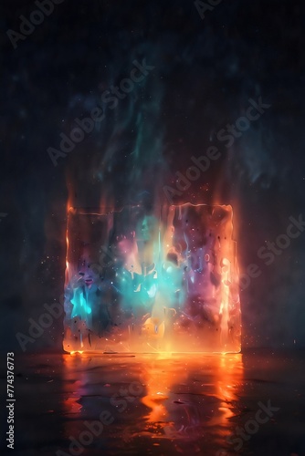 a block of ice that is melting and emitting colorful smoke against a dark background. The lighting accentuates the vibrant colors of the smoke and reflections on the wet surface beneath the ice. 