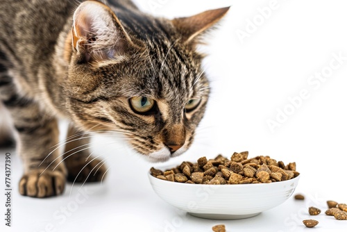 Cat eating from white bowl