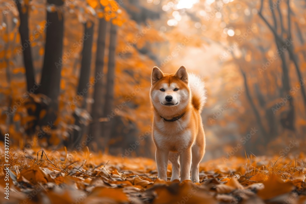 Akita Inu dog walking in autumn